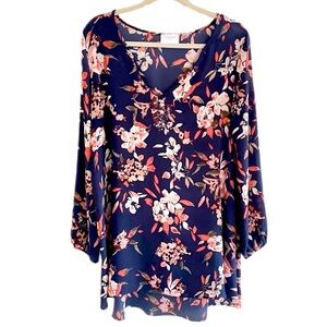 Navy Floral V-Neck Long Sleeve Tunic Blouse